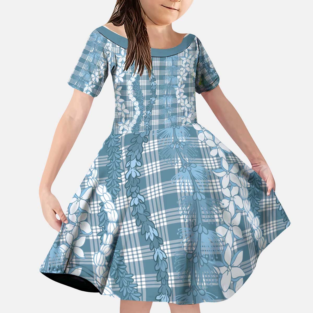 Hawaiian Ohia Lehua Lei Kid Short Sleeve Dress Plaid Palaka Uliuli Omaomao Pattern - Polynesian Pride