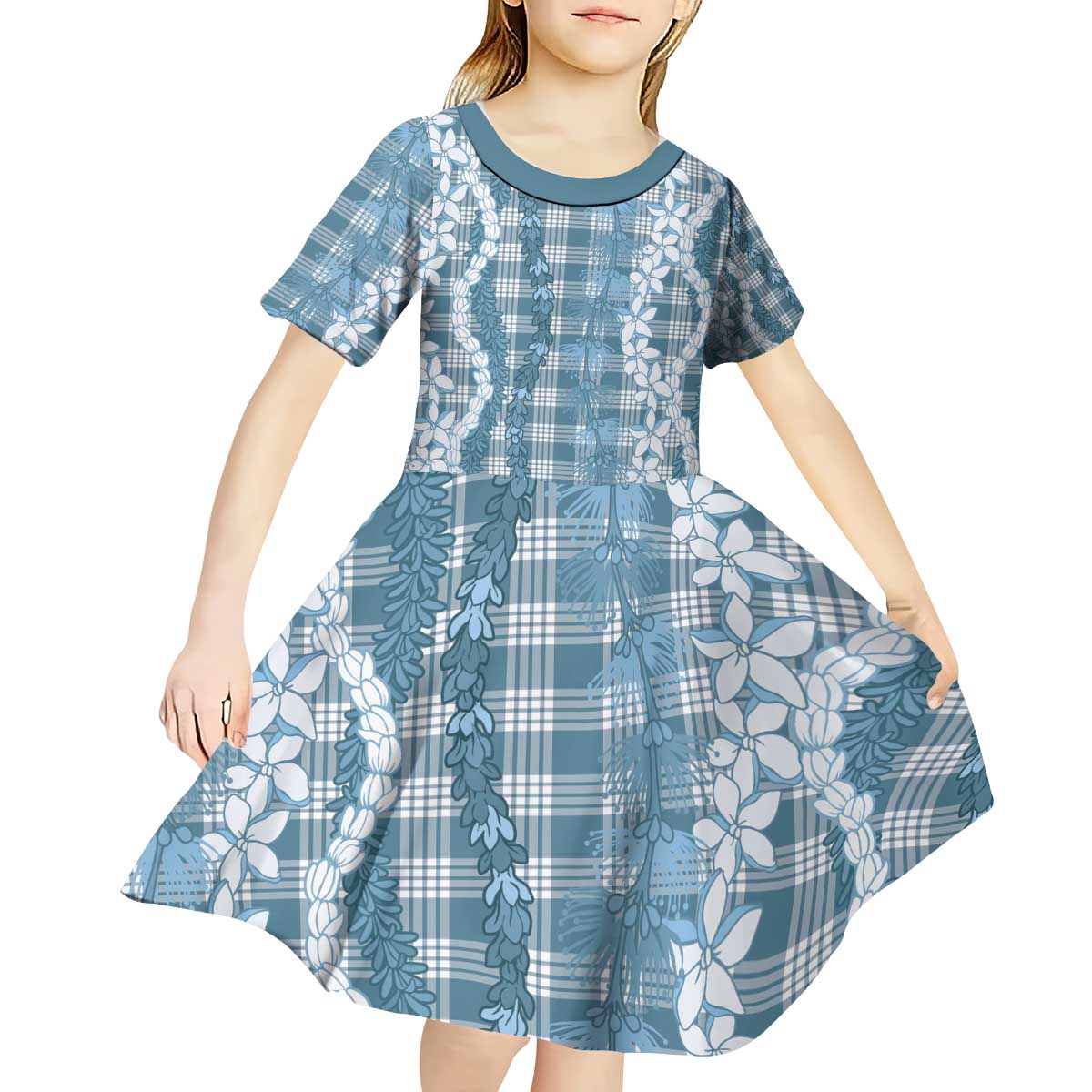 Hawaiian Ohia Lehua Lei Kid Short Sleeve Dress Plaid Palaka Uliuli Omaomao Pattern - Polynesian Pride