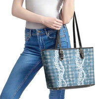 Hawaiian Ohia Lehua Lei Leather Tote Bag Plaid Palaka Uliuli Omaomao Pattern - Polynesian Pride