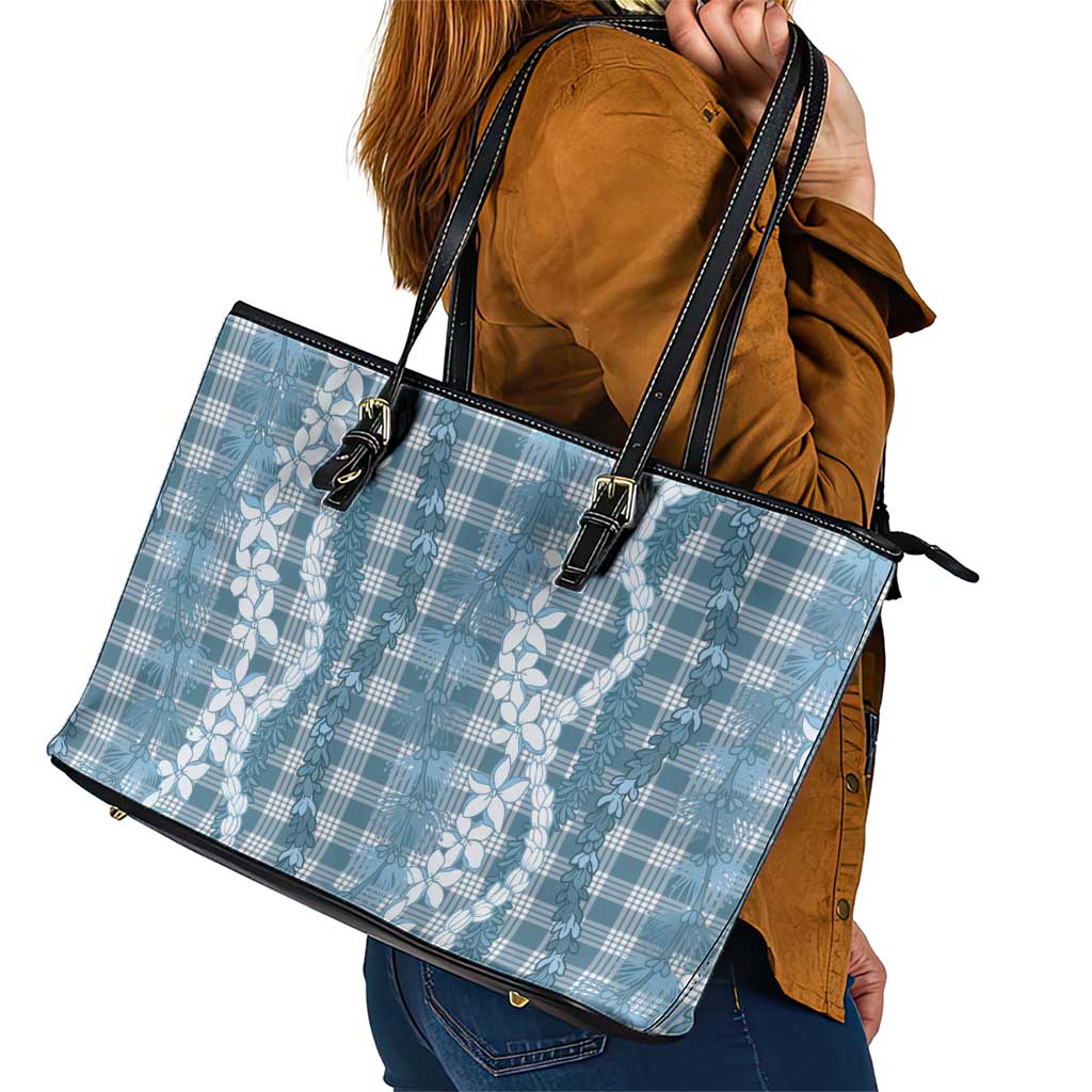 Hawaiian Ohia Lehua Lei Leather Tote Bag Plaid Palaka Uliuli Omaomao Pattern - Polynesian Pride