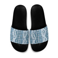 Hawaiian Ohia Lehua Lei Slide Sandals Plaid Palaka Uliuli Omaomao Pattern - Polynesian Pride