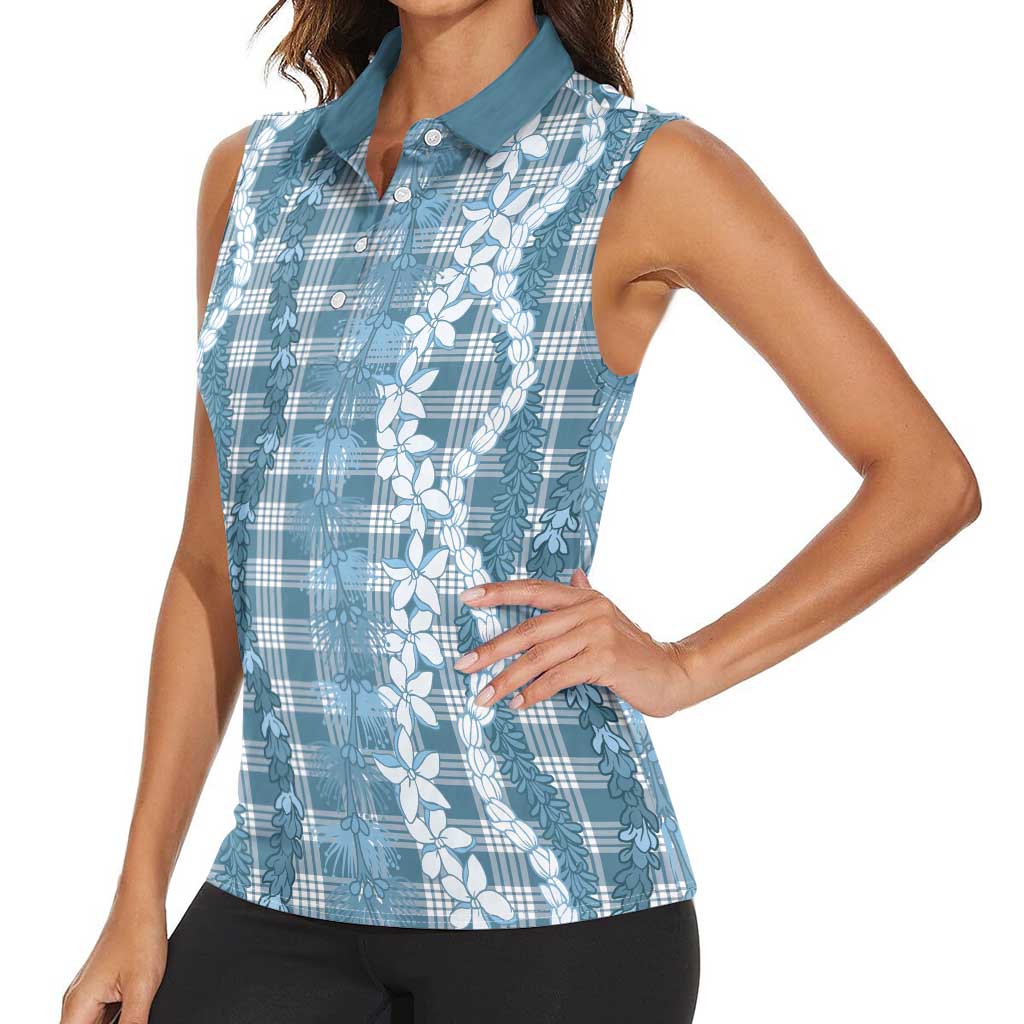 Hawaiian Ohia Lehua Lei Women Sleeveless Polo Shirt Plaid Palaka Uliuli Omaomao Pattern - Polynesian Pride