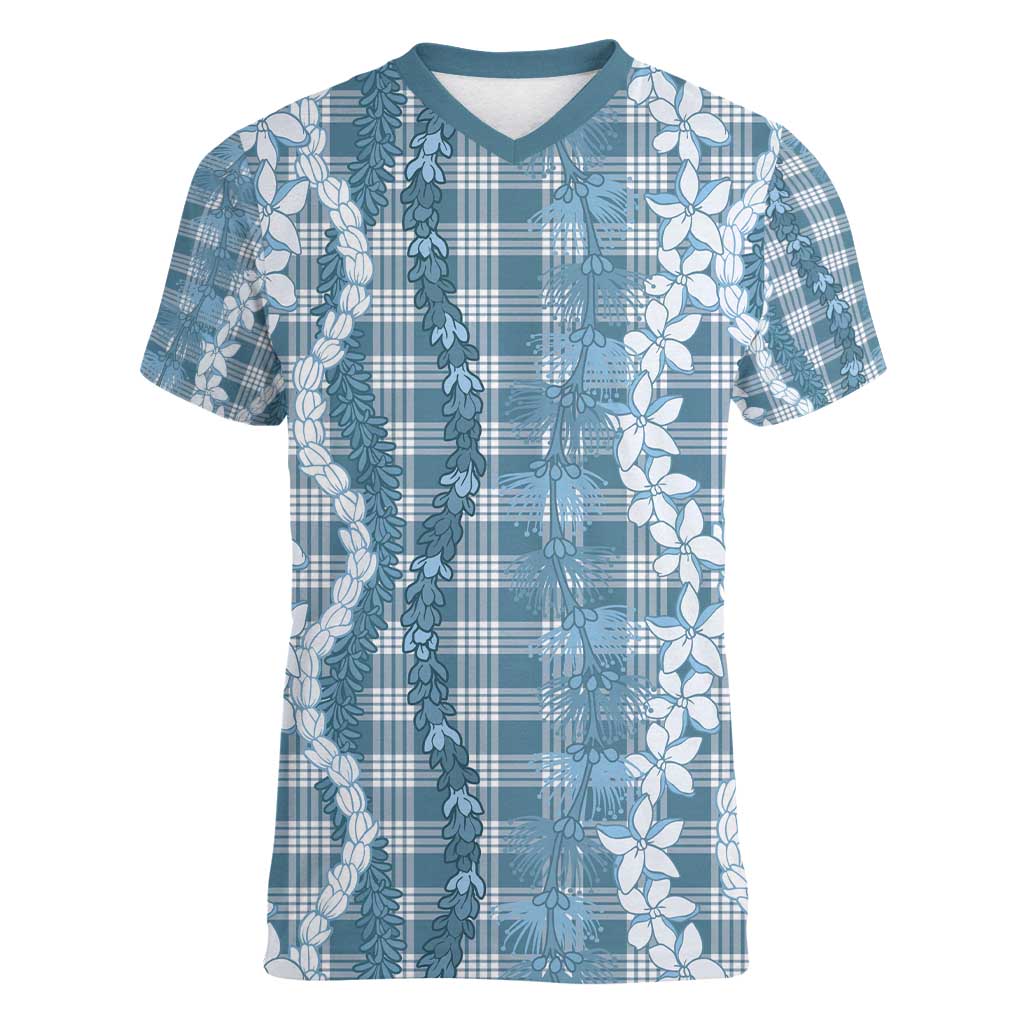 Hawaiian Ohia Lehua Lei Women V-Neck T-Shirt Plaid Palaka Uliuli Omaomao Pattern - Polynesian Pride