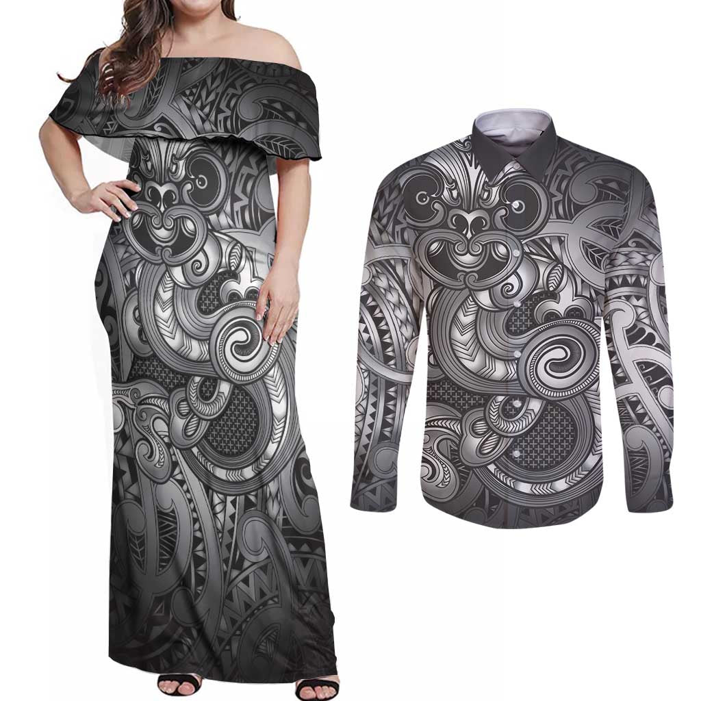 Aotearoa Maori Hei Tiki Couples Matching Off Shoulder Maxi Dress and Long Sleeve Button Shirt Kiwikiwi Kowhaiwhai Puhoro Motif