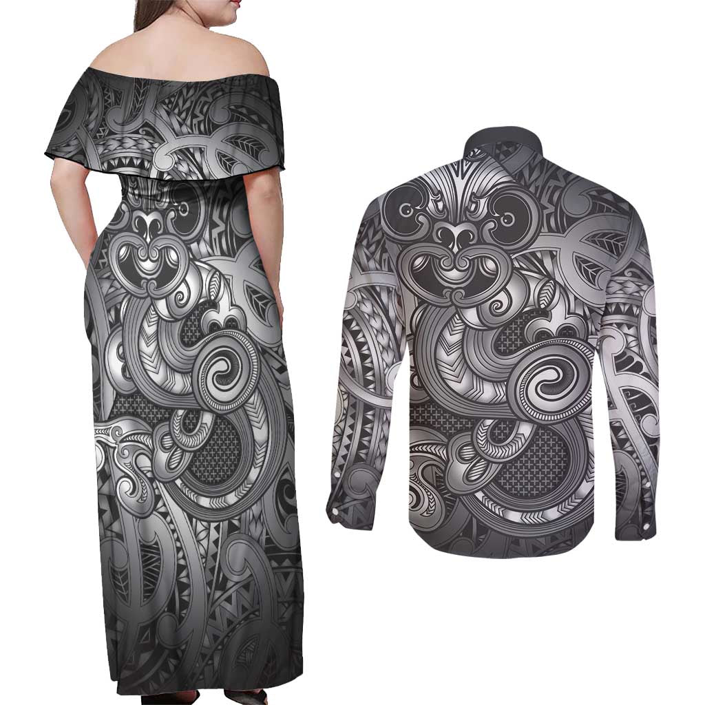 Aotearoa Maori Hei Tiki Couples Matching Off Shoulder Maxi Dress and Long Sleeve Button Shirt Kiwikiwi Kowhaiwhai Puhoro Motif