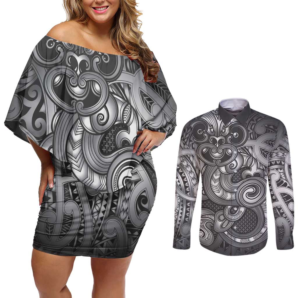 Aotearoa Maori Hei Tiki Couples Matching Off Shoulder Short Dress and Long Sleeve Button Shirt Kiwikiwi Kowhaiwhai Puhoro Motif