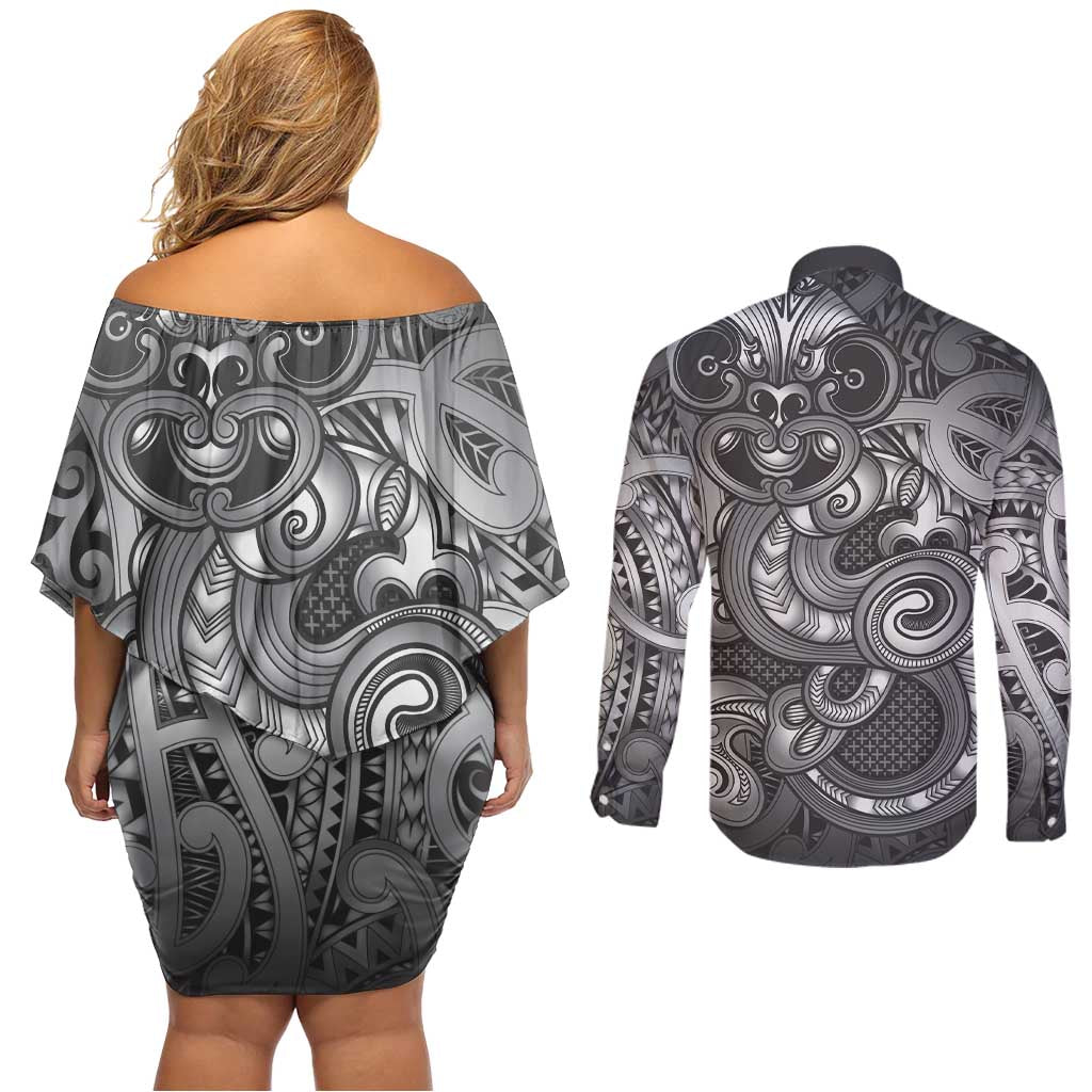 Aotearoa Maori Hei Tiki Couples Matching Off Shoulder Short Dress and Long Sleeve Button Shirt Kiwikiwi Kowhaiwhai Puhoro Motif