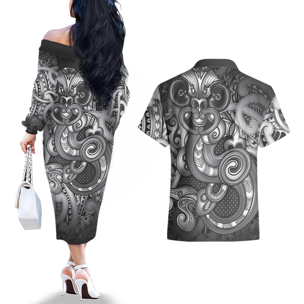 Aotearoa Maori Hei Tiki Couples Matching Off The Shoulder Long Sleeve Dress and Hawaiian Shirt Kiwikiwi Kowhaiwhai Puhoro Motif