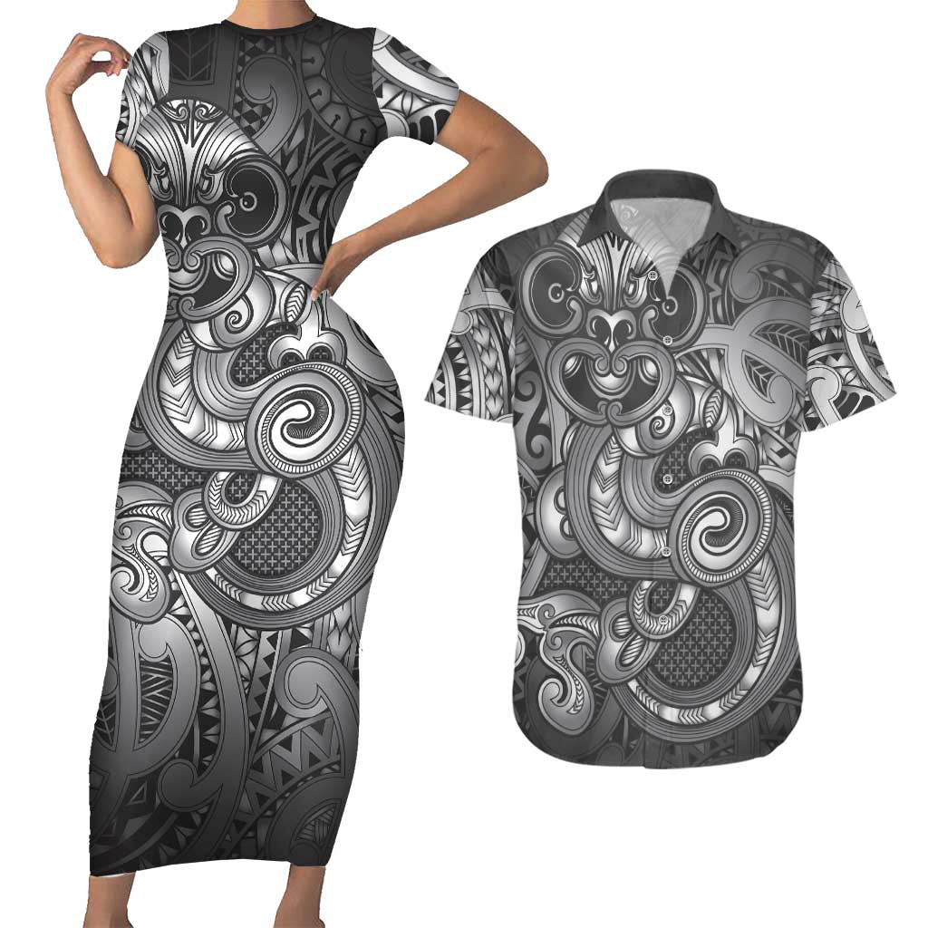 Aotearoa Maori Hei Tiki Couples Matching Short Sleeve Bodycon Dress and Hawaiian Shirt Kiwikiwi Kowhaiwhai Puhoro Motif