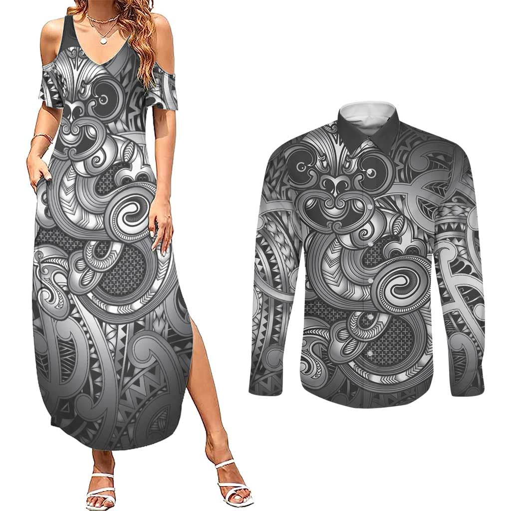 Aotearoa Maori Hei Tiki Couples Matching Summer Maxi Dress and Long Sleeve Button Shirt Kiwikiwi Kowhaiwhai Puhoro Motif
