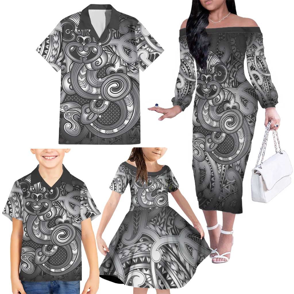 Aotearoa Maori Hei Tiki Family Matching Off The Shoulder Long Sleeve Dress and Hawaiian Shirt Kiwikiwi Kowhaiwhai Puhoro Motif