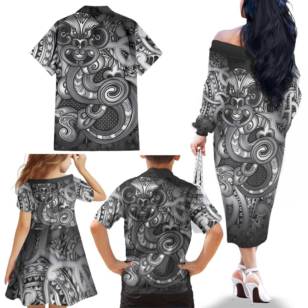 Aotearoa Maori Hei Tiki Family Matching Off The Shoulder Long Sleeve Dress and Hawaiian Shirt Kiwikiwi Kowhaiwhai Puhoro Motif