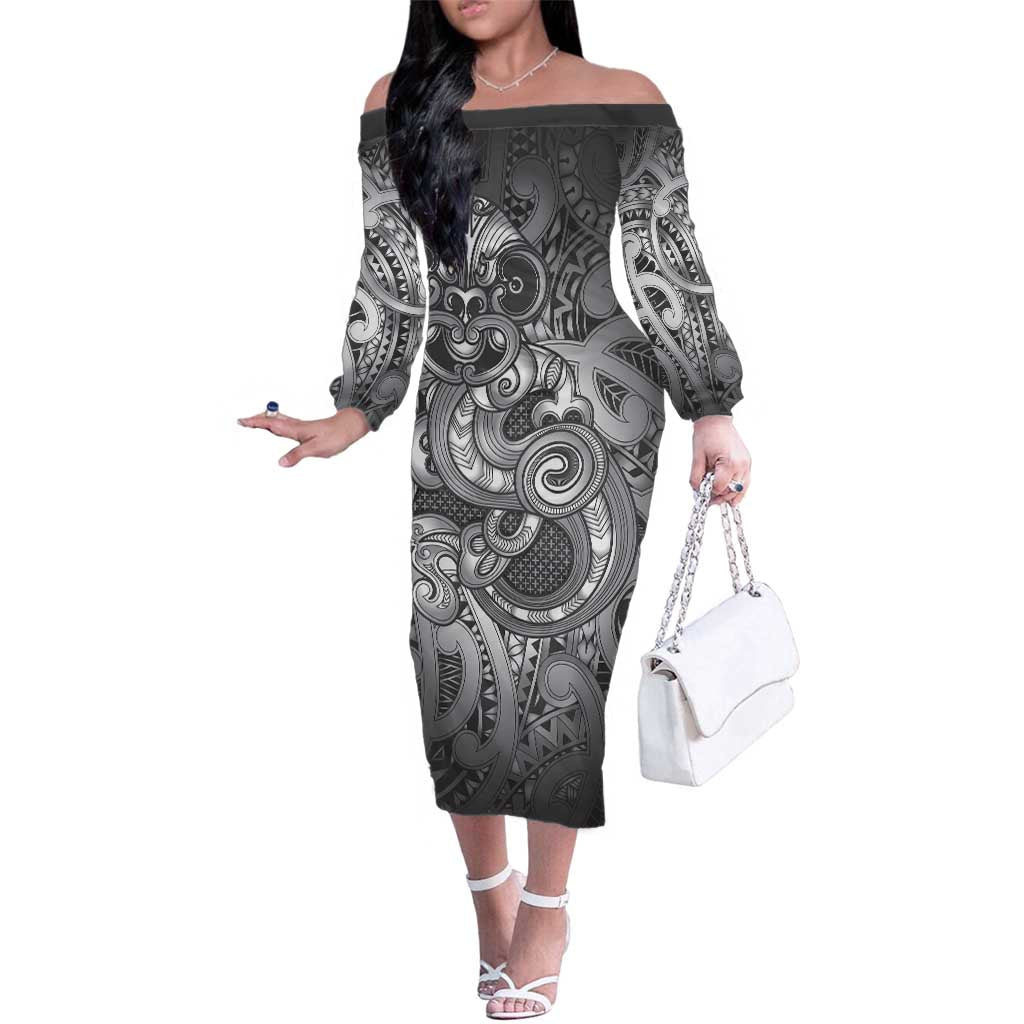 Aotearoa Maori Hei Tiki Family Matching Off The Shoulder Long Sleeve Dress and Hawaiian Shirt Kiwikiwi Kowhaiwhai Puhoro Motif