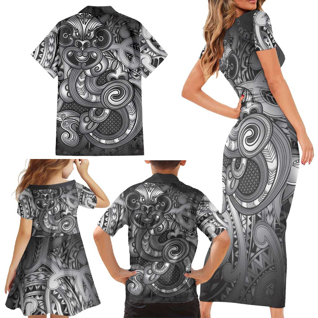 Aotearoa Maori Hei Tiki Family Matching Short Sleeve Bodycon Dress and Hawaiian Shirt Kiwikiwi Kowhaiwhai Puhoro Motif