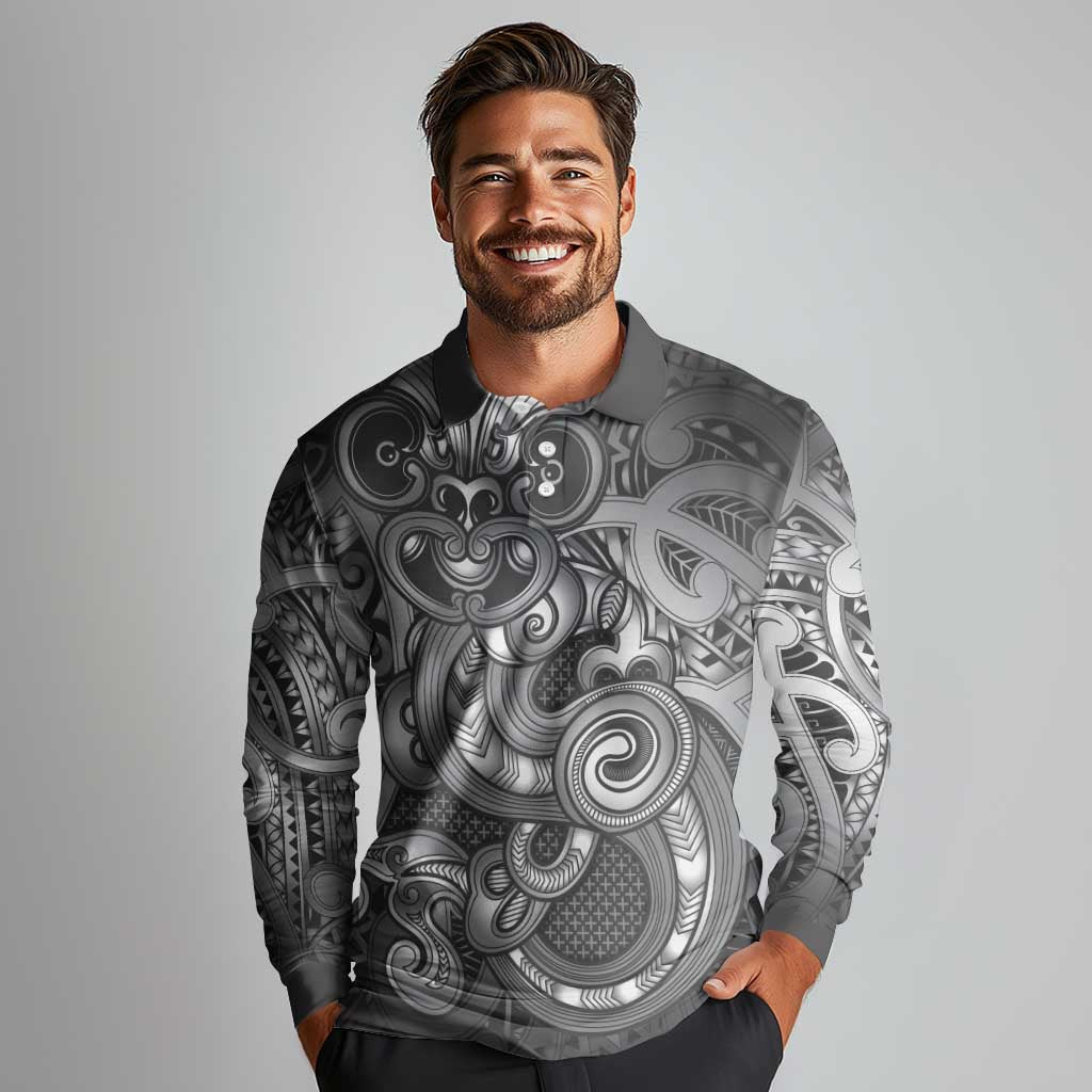 Aotearoa Maori Hei Tiki Long Sleeve Polo Shirt Kiwikiwi Kowhaiwhai Puhoro Motif