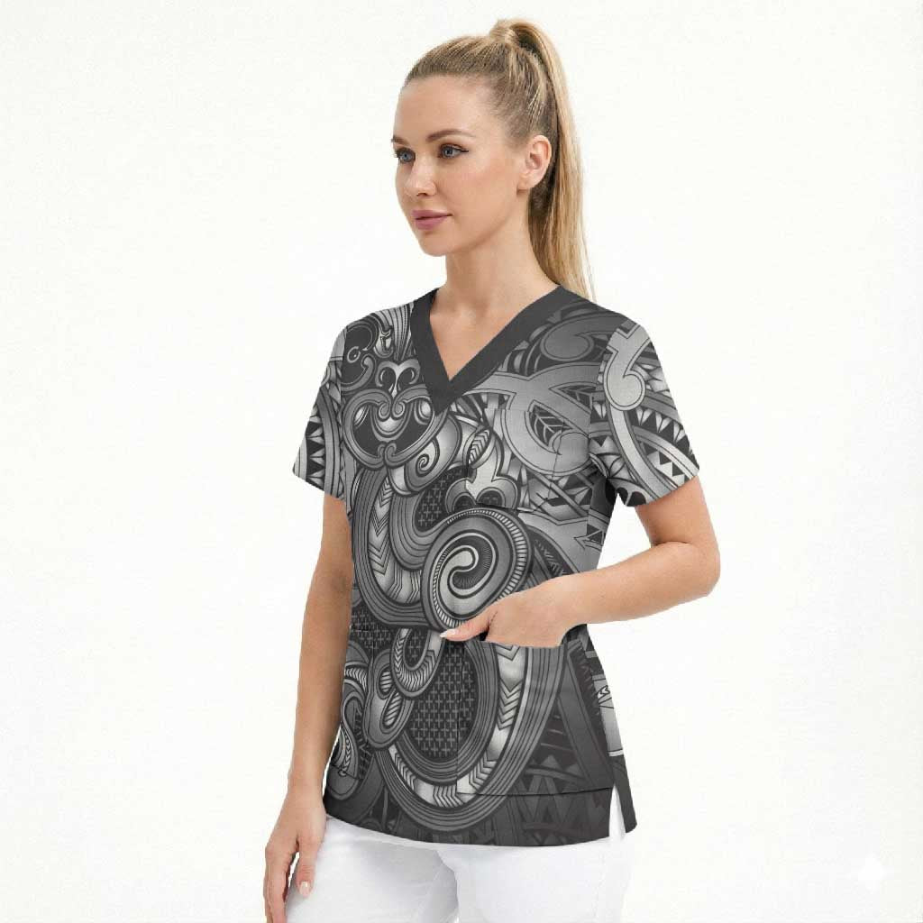 Aotearoa Maori Hei Tiki Scrub Top Kiwikiwi Kowhaiwhai Puhoro Motif LT9 - Polynesian Pride