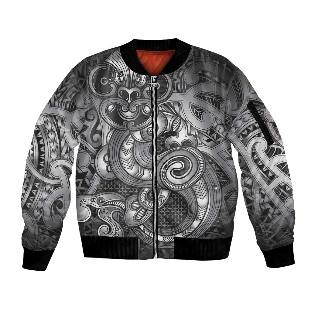 Aotearoa Maori Hei Tiki Sleeve Zip Bomber Jacket Kiwikiwi Kowhaiwhai Puhoro Motif LT9 Unisex Grey - Polynesian Pride