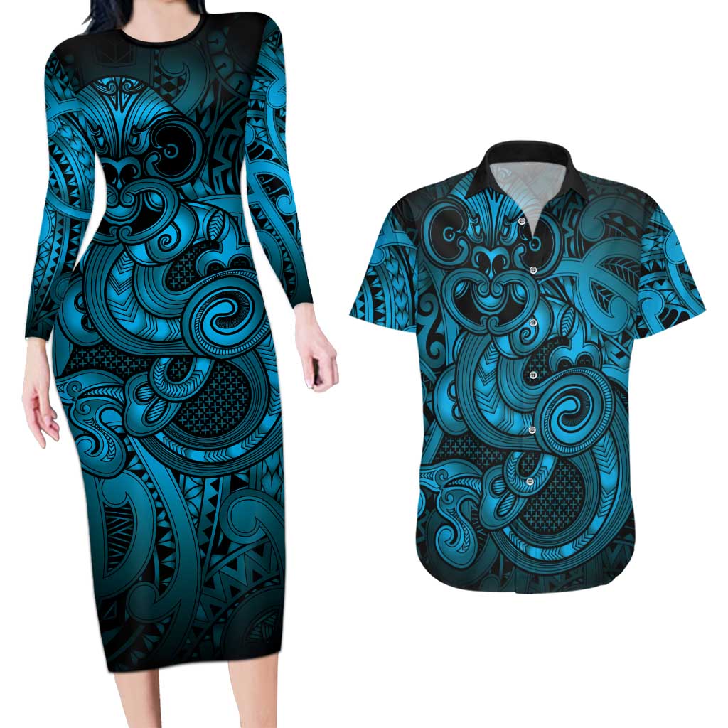 Aotearoa Maori Hei Tiki Couples Matching Long Sleeve Bodycon Dress and Hawaiian Shirt Kikorangi Kowhaiwhai Puhoro Motif