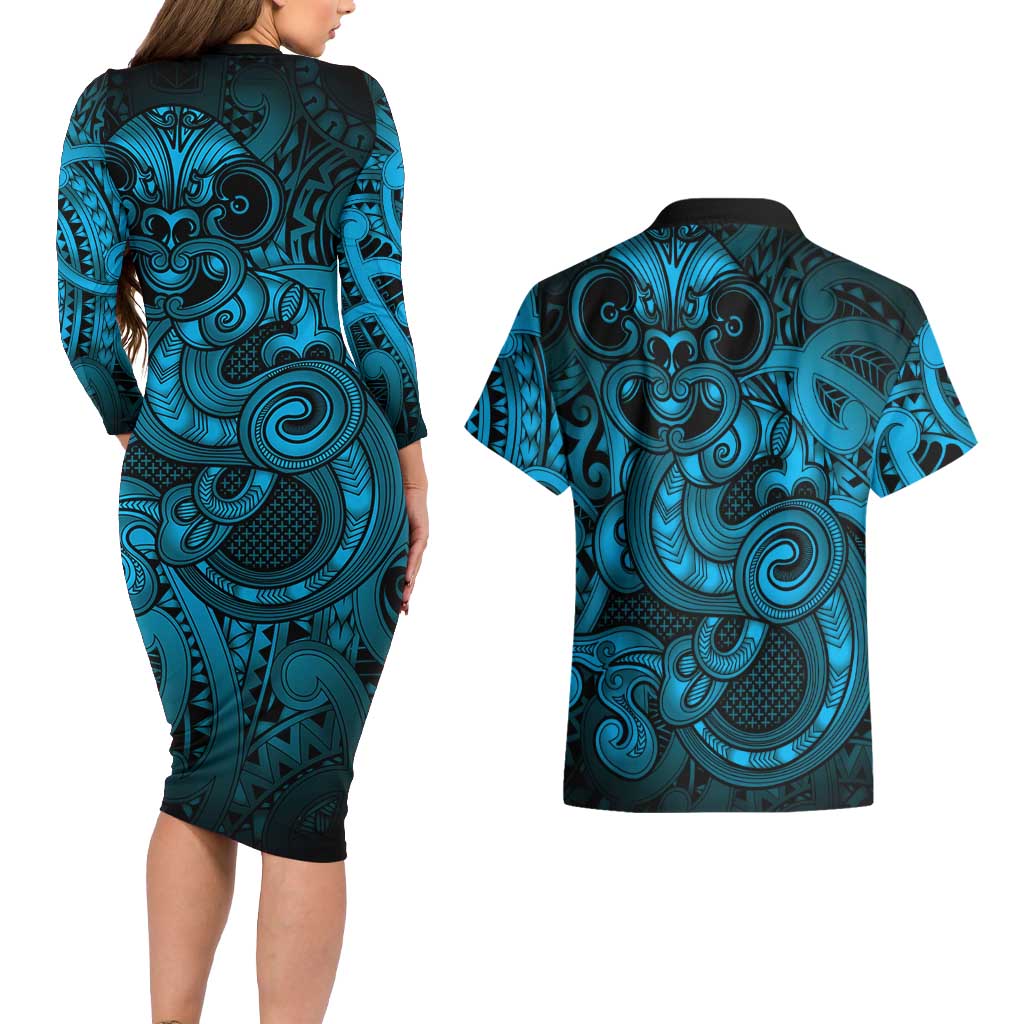 Aotearoa Maori Hei Tiki Couples Matching Long Sleeve Bodycon Dress and Hawaiian Shirt Kikorangi Kowhaiwhai Puhoro Motif