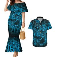 Aotearoa Maori Hei Tiki Couples Matching Mermaid Dress and Hawaiian Shirt Kikorangi Kowhaiwhai Puhoro Motif