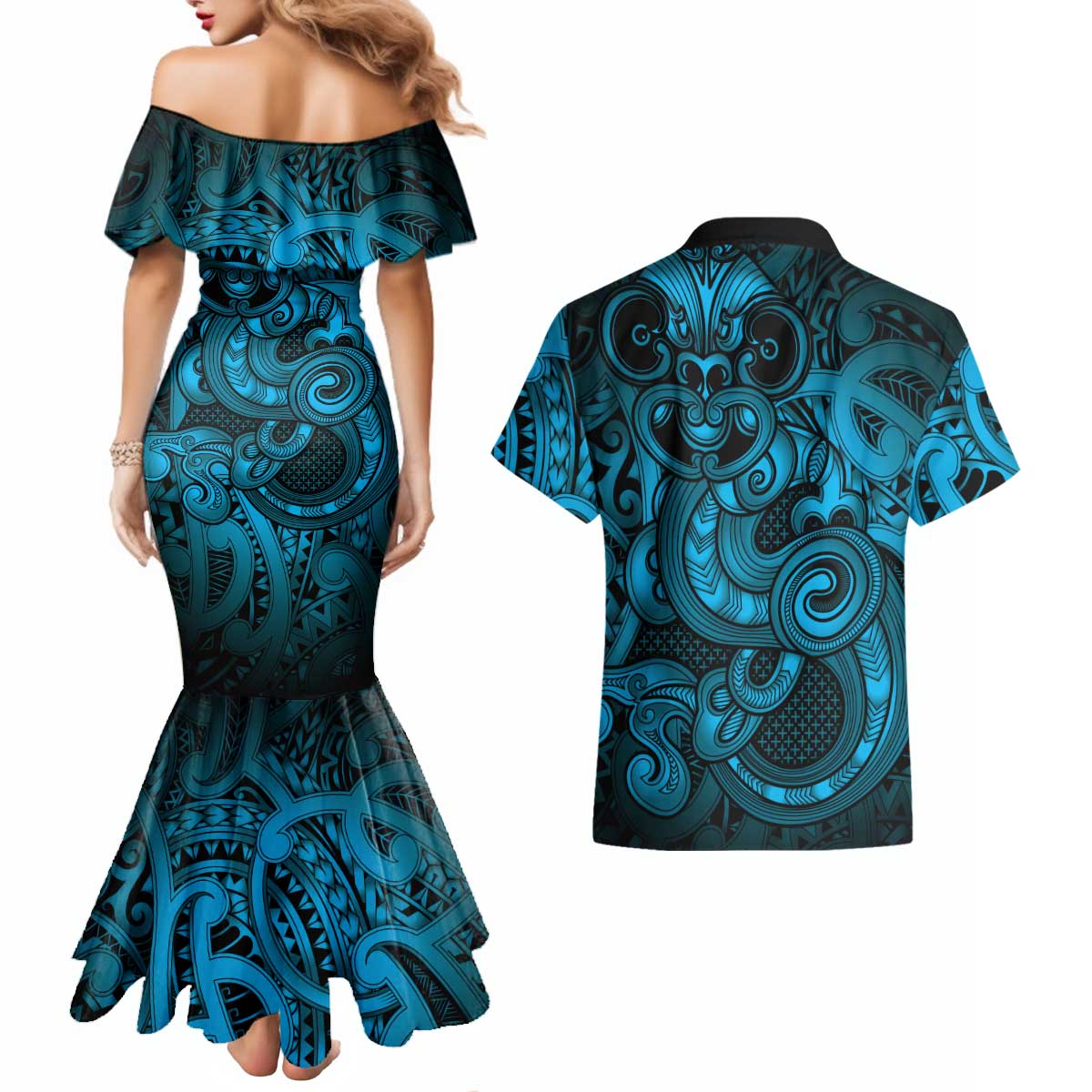 Aotearoa Maori Hei Tiki Couples Matching Mermaid Dress and Hawaiian Shirt Kikorangi Kowhaiwhai Puhoro Motif