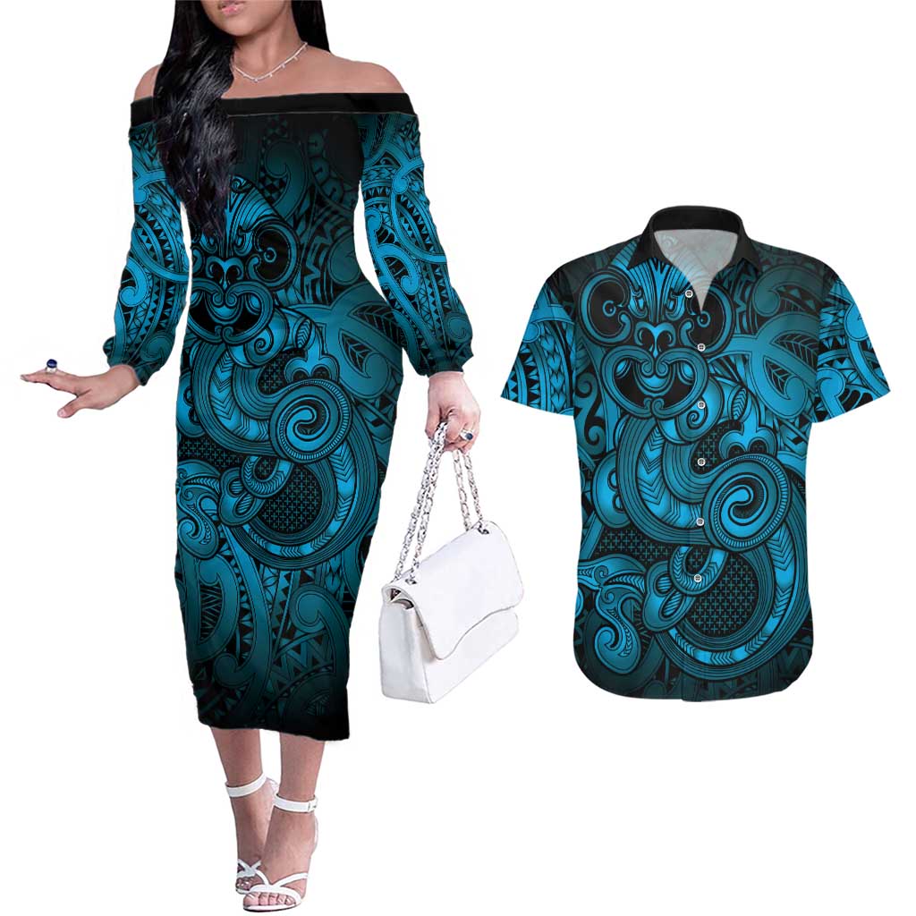Aotearoa Maori Hei Tiki Couples Matching Off The Shoulder Long Sleeve Dress and Hawaiian Shirt Kikorangi Kowhaiwhai Puhoro Motif