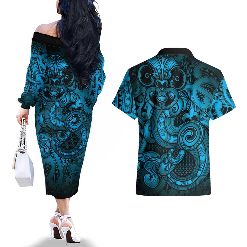 Aotearoa Maori Hei Tiki Couples Matching Off The Shoulder Long Sleeve Dress and Hawaiian Shirt Kikorangi Kowhaiwhai Puhoro Motif