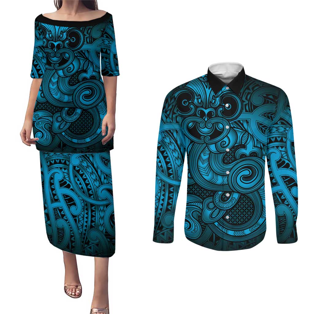 Aotearoa Maori Hei Tiki Couples Matching Puletasi and Long Sleeve Button Shirt Kikorangi Kowhaiwhai Puhoro Motif