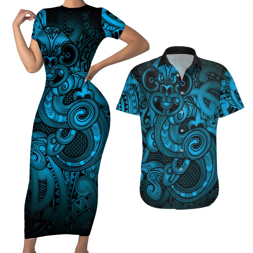 Aotearoa Maori Hei Tiki Couples Matching Short Sleeve Bodycon Dress and Hawaiian Shirt Kikorangi Kowhaiwhai Puhoro Motif