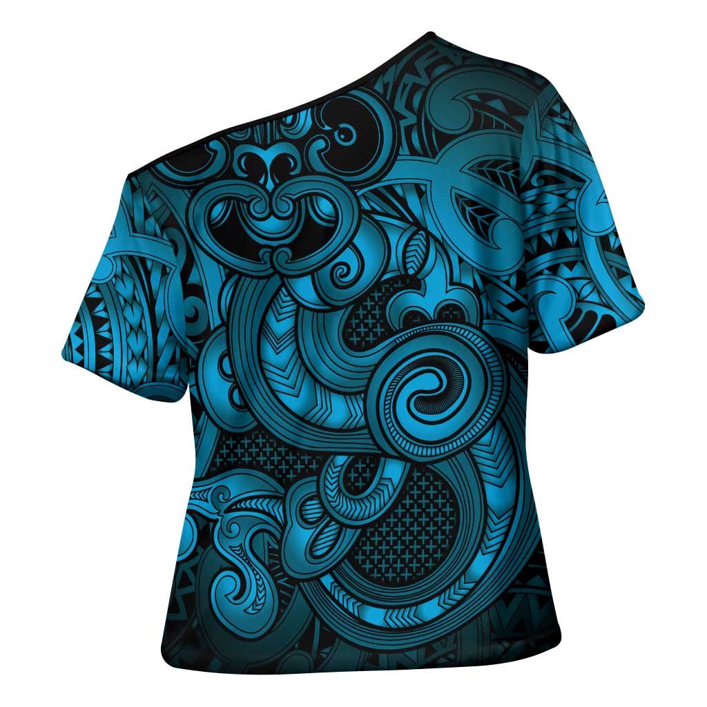 Aotearoa Maori Hei Tiki Cross Shoulder Shirt Kikorangi Kowhaiwhai Puhoro Motif
