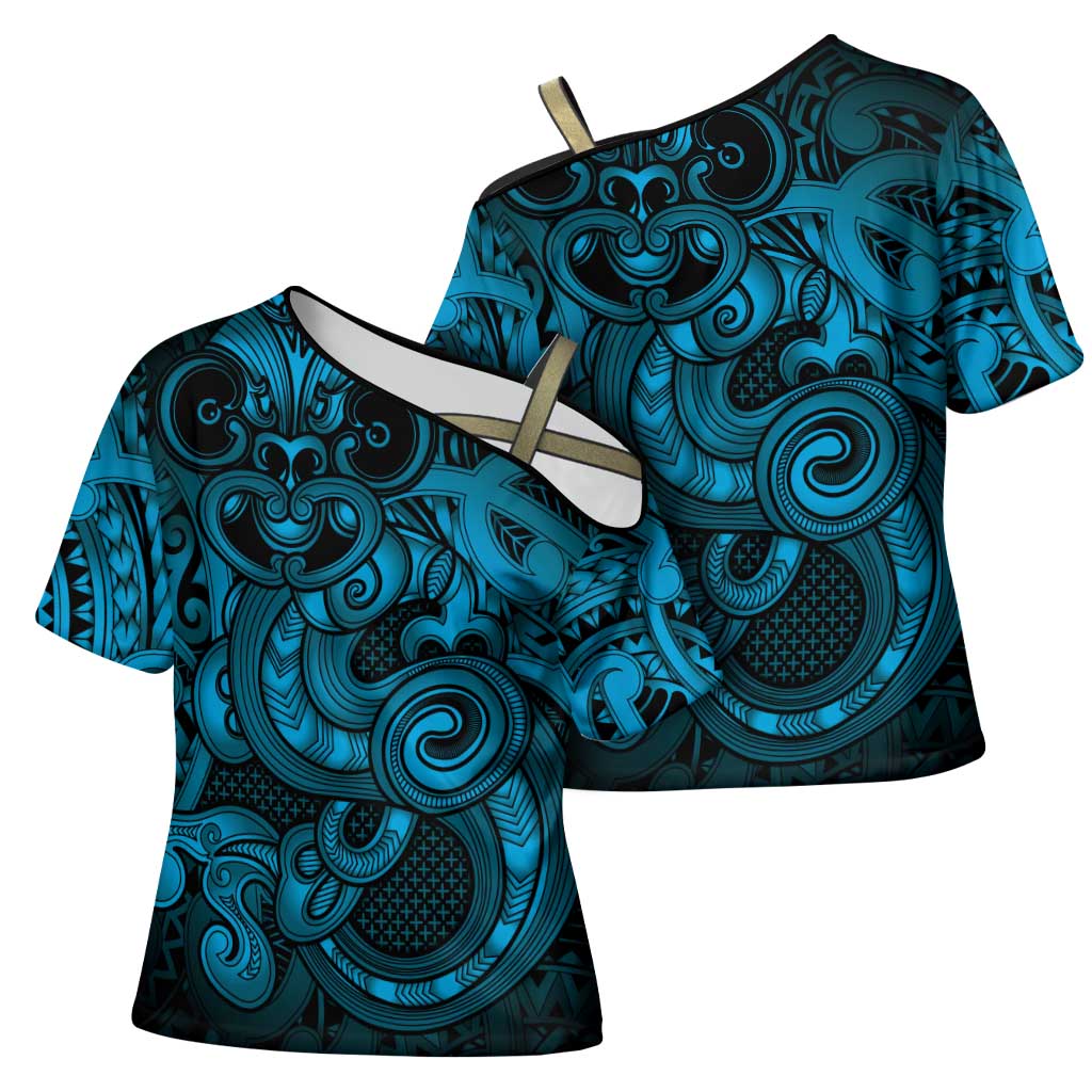 Aotearoa Maori Hei Tiki Cross Shoulder Shirt Kikorangi Kowhaiwhai Puhoro Motif