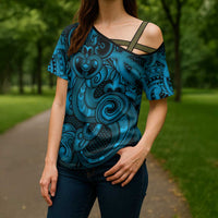 Aotearoa Maori Hei Tiki Cross Shoulder Shirt Kikorangi Kowhaiwhai Puhoro Motif