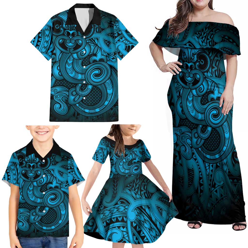 Aotearoa Maori Hei Tiki Family Matching Off Shoulder Maxi Dress and Hawaiian Shirt Kikorangi Kowhaiwhai Puhoro Motif