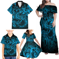 Aotearoa Maori Hei Tiki Family Matching Off Shoulder Maxi Dress and Hawaiian Shirt Kikorangi Kowhaiwhai Puhoro Motif