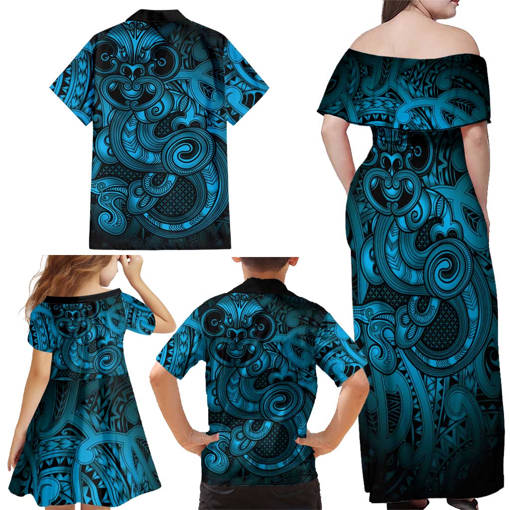 Aotearoa Maori Hei Tiki Family Matching Off Shoulder Maxi Dress and Hawaiian Shirt Kikorangi Kowhaiwhai Puhoro Motif