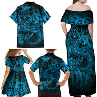 Aotearoa Maori Hei Tiki Family Matching Off Shoulder Maxi Dress and Hawaiian Shirt Kikorangi Kowhaiwhai Puhoro Motif