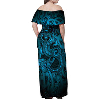 Aotearoa Maori Hei Tiki Family Matching Off Shoulder Maxi Dress and Hawaiian Shirt Kikorangi Kowhaiwhai Puhoro Motif