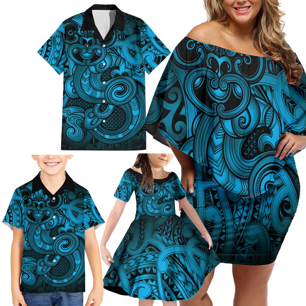 Aotearoa Maori Hei Tiki Family Matching Off Shoulder Short Dress and Hawaiian Shirt Kikorangi Kowhaiwhai Puhoro Motif