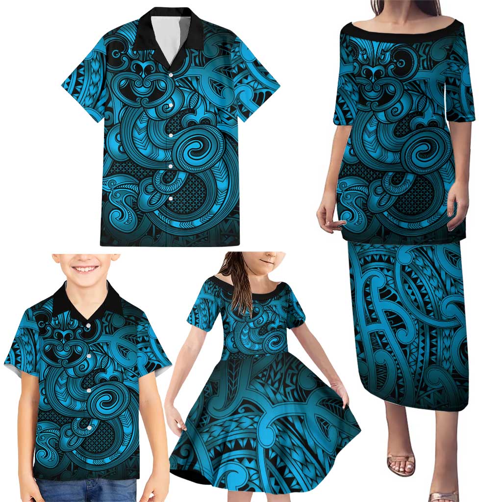 Aotearoa Maori Hei Tiki Family Matching Puletasi and Hawaiian Shirt Kikorangi Kowhaiwhai Puhoro Motif