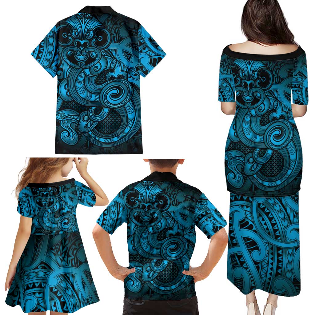 Aotearoa Maori Hei Tiki Family Matching Puletasi and Hawaiian Shirt Kikorangi Kowhaiwhai Puhoro Motif