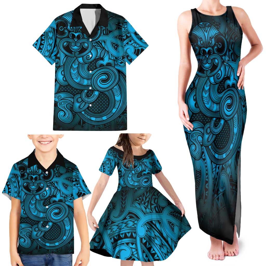 Aotearoa Maori Hei Tiki Family Matching Tank Maxi Dress and Hawaiian Shirt Kikorangi Kowhaiwhai Puhoro Motif