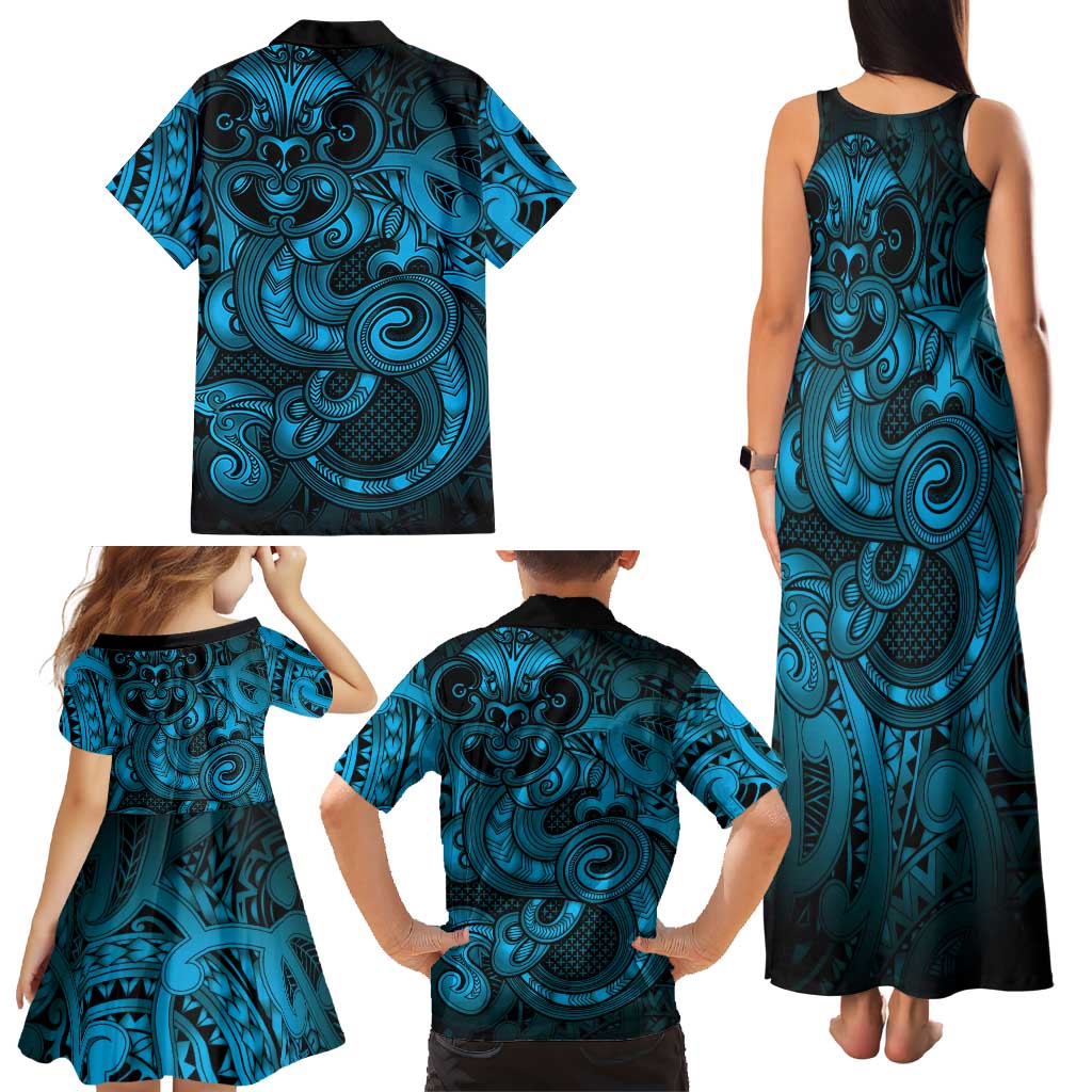Aotearoa Maori Hei Tiki Family Matching Tank Maxi Dress and Hawaiian Shirt Kikorangi Kowhaiwhai Puhoro Motif