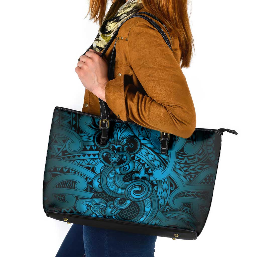 Aotearoa Maori Hei Tiki Leather Tote Bag Kikorangi Kowhaiwhai Puhoro Motif