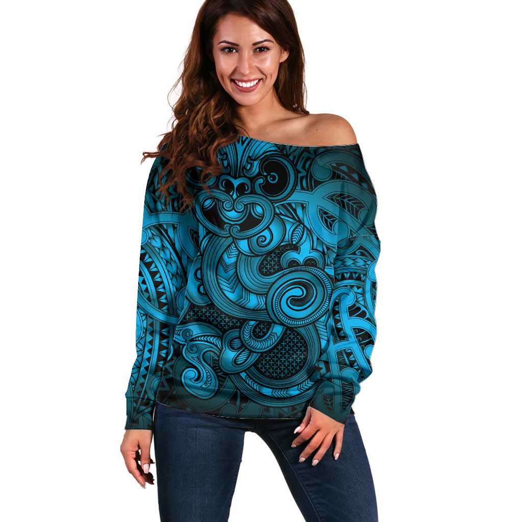 Aotearoa Maori Hei Tiki Off Shoulder Sweater Kikorangi Kowhaiwhai Puhoro Motif