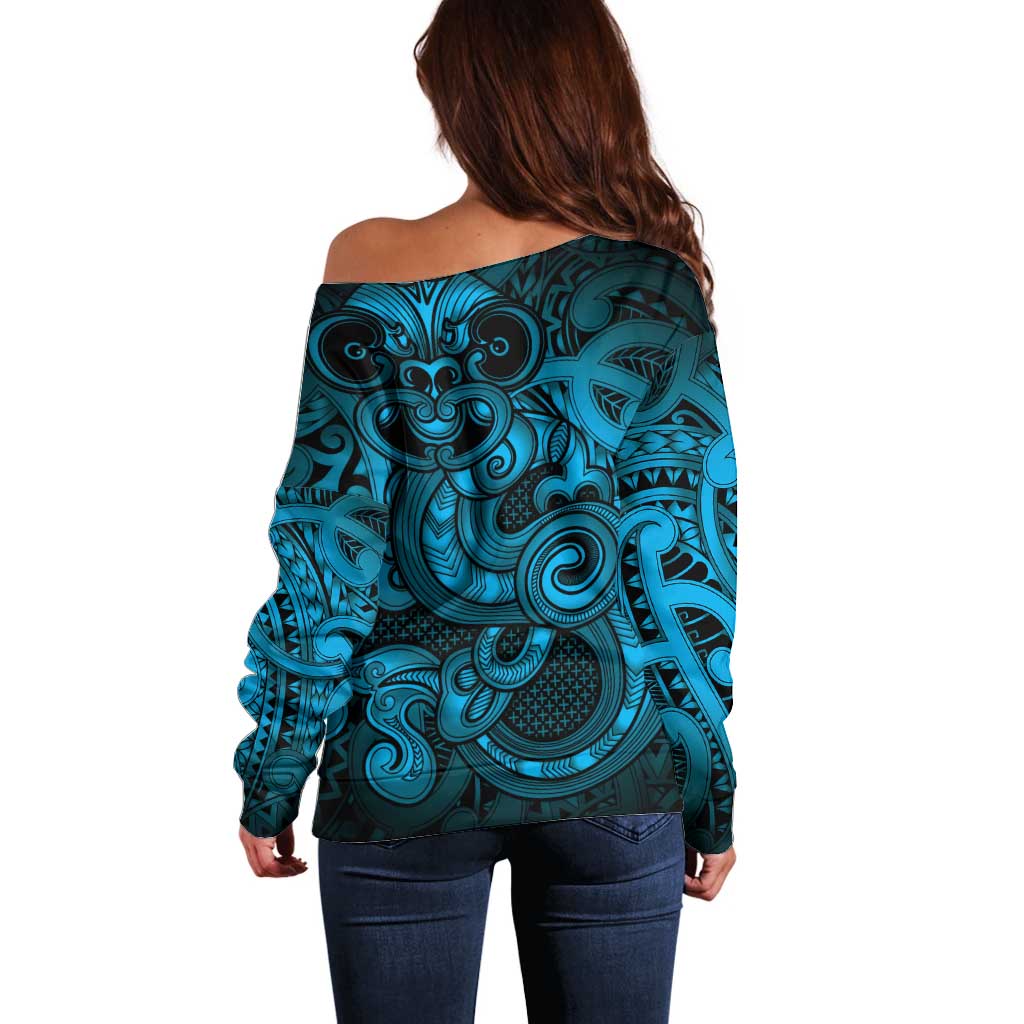 Aotearoa Maori Hei Tiki Off Shoulder Sweater Kikorangi Kowhaiwhai Puhoro Motif