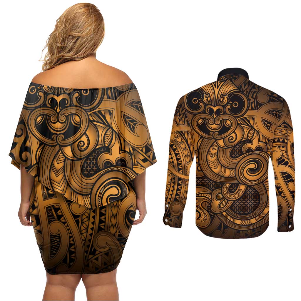 Aotearoa Maori Hei Tiki Couples Matching Off Shoulder Short Dress and Long Sleeve Button Shirt Koura Kowhaiwhai Puhoro Motif