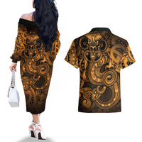 Aotearoa Maori Hei Tiki Couples Matching Off The Shoulder Long Sleeve Dress and Hawaiian Shirt Koura Kowhaiwhai Puhoro Motif