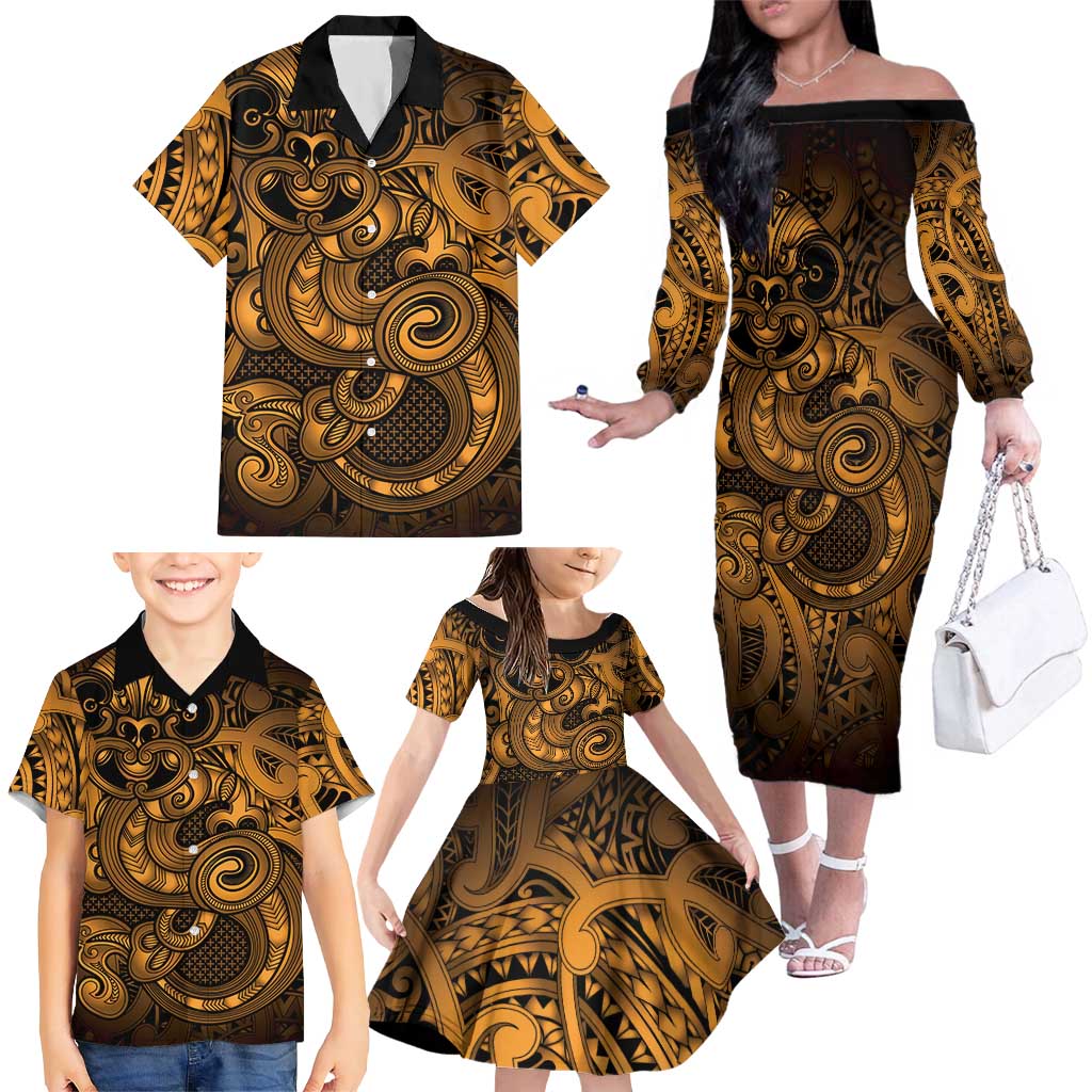 Aotearoa Maori Hei Tiki Family Matching Off The Shoulder Long Sleeve Dress and Hawaiian Shirt Koura Kowhaiwhai Puhoro Motif