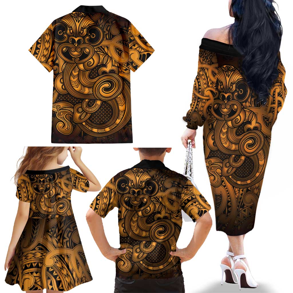 Aotearoa Maori Hei Tiki Family Matching Off The Shoulder Long Sleeve Dress and Hawaiian Shirt Koura Kowhaiwhai Puhoro Motif