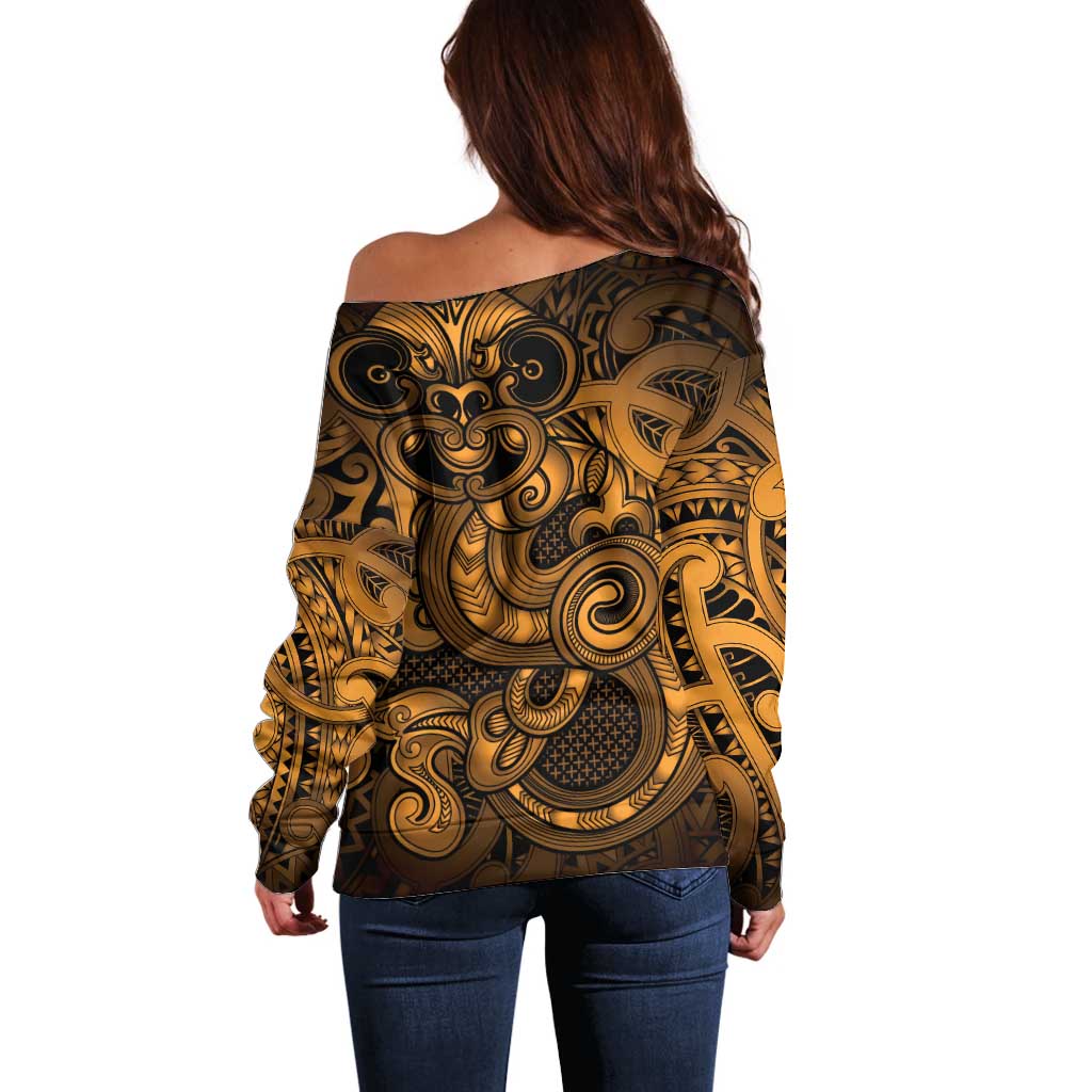 Aotearoa Maori Hei Tiki Off Shoulder Sweater Koura Kowhaiwhai Puhoro Motif